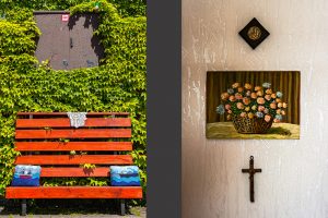 Gehäkelte Kissen mit Schiffsmotiven auf einer Bank im Hafen // Gemälde mit Blumen und ein Kreuz an der Wand